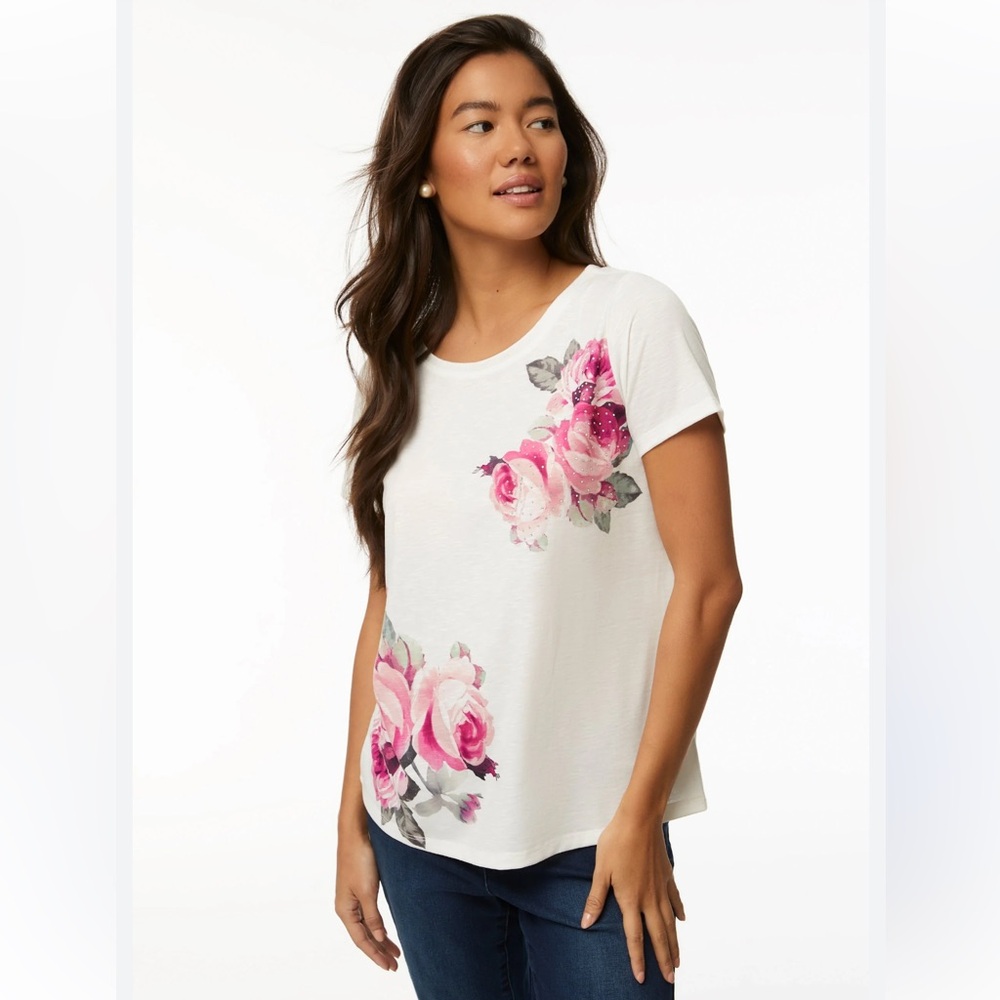 Laura T-shirt blouse sheer front and stretch back white with floral prin…